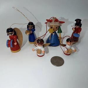 Lot of 6 Vtg Hand Painted Wooden Angel Musician Christmas Tree Ornaments Mini